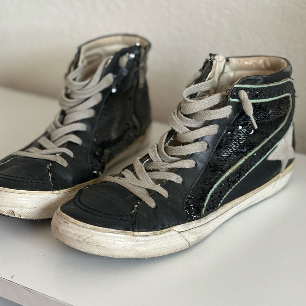 Golden Goose Black Sequin High-Top Sneakers with Cream Laces